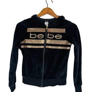 Bebe Girls Y2K Full Zip Velour Sweatshirt Top Hoodie Black Gold - L